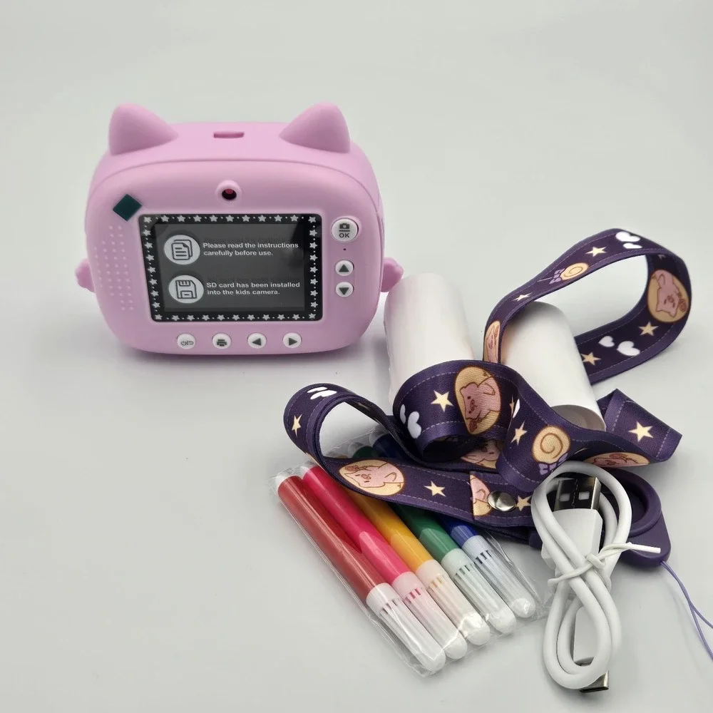 Instant Print Kids Digital Camera‎ & Video w/ Selfie Pink Cat 2.4 Screen & Paper